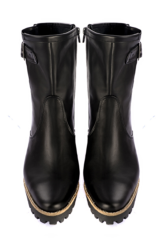 Satin black women's ankle boots with buckles on the sides. Round toe. Low rubber soles. Top view - Florence KOOIJMAN